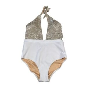 ALLIHOP Metallic Gold Pleated & White Waffle Halter One Piece Swimsuit Medium